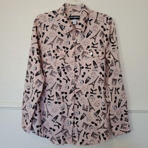Karl Lagerfeld Blush Pink Paris Icons Cat Blouse Button Down Roll Tab sz M